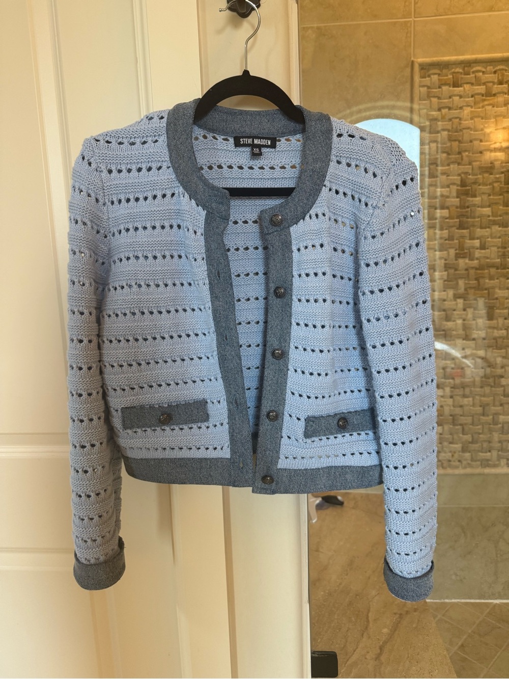 Steve Madden Sky Blue Crochet Openwork Cardigan with Heather Trim
